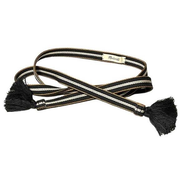 Madewell Woven Tassel Belt Black Cream Gold Stripe Boho Wrap OSFM - Picture 3 of 3